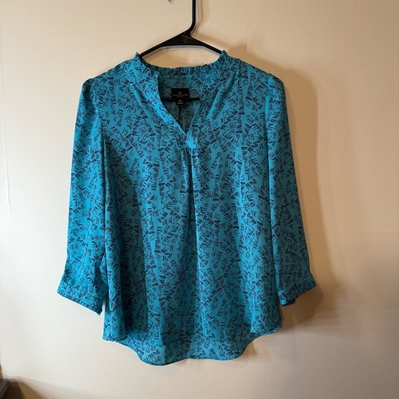 Worthington Tops - Worthington Blue Blouse with Mandarin Collar and Relaxed Fit